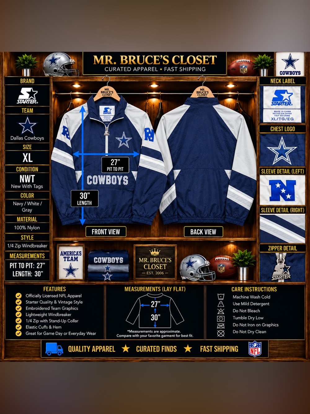STARTER Navy White Gray Dallas Cowboys Windbreaker Jacket
